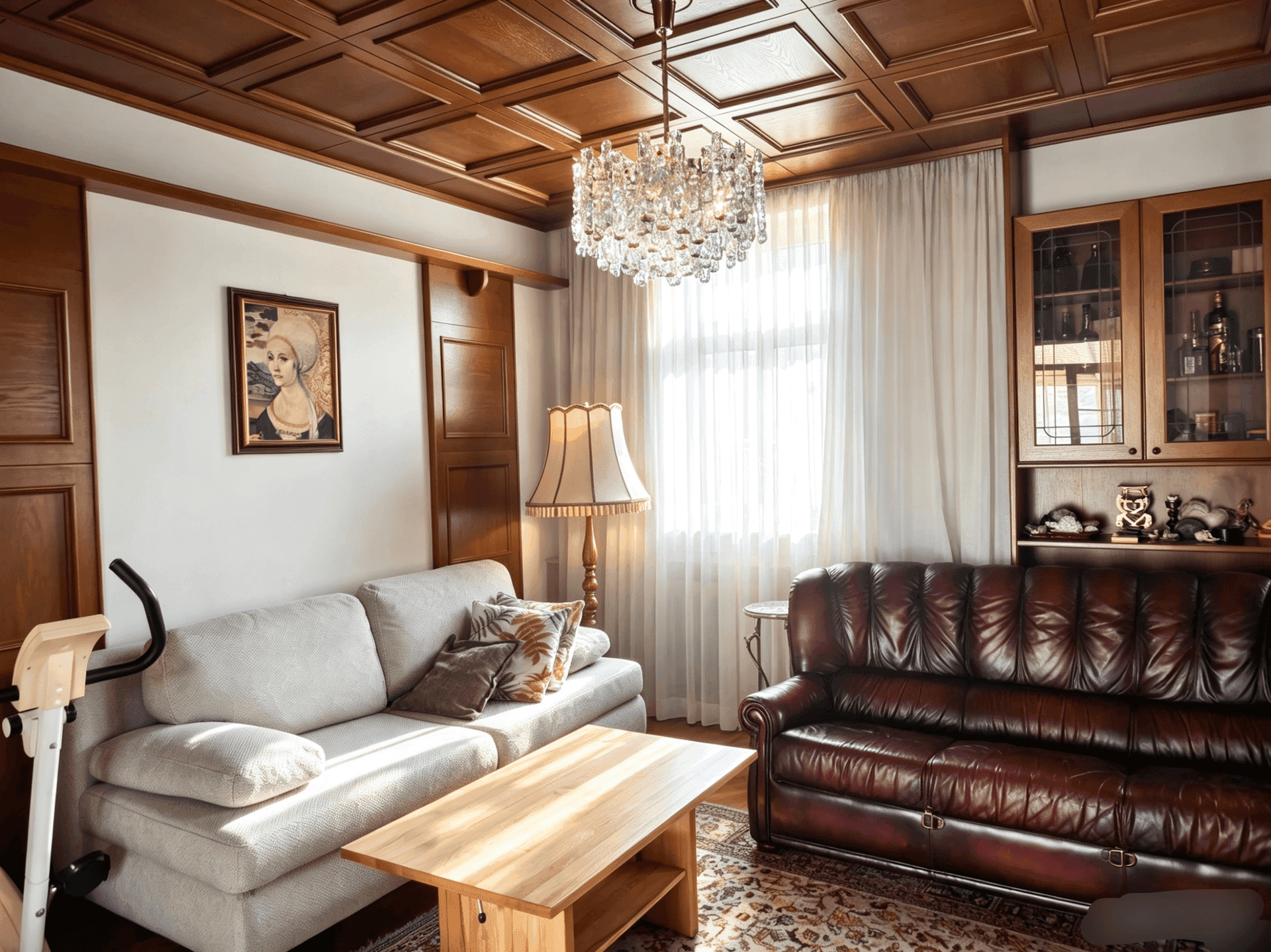 Helles Wohnzimmer mit beigem Sofa, Holztisch, Kronleuchter und Fenster mit Vorhängen.