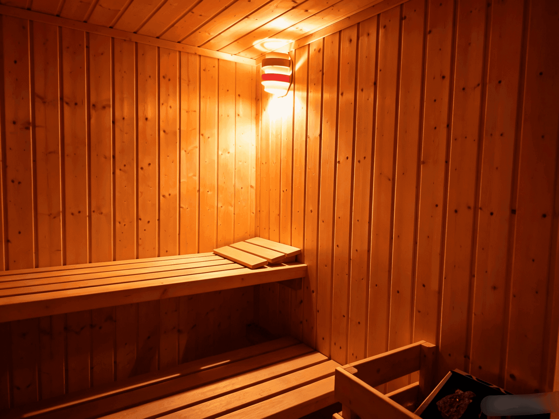 Traditionelle Sauna mit Holzvertäfelung und mehrstufigen Sitzbänken.