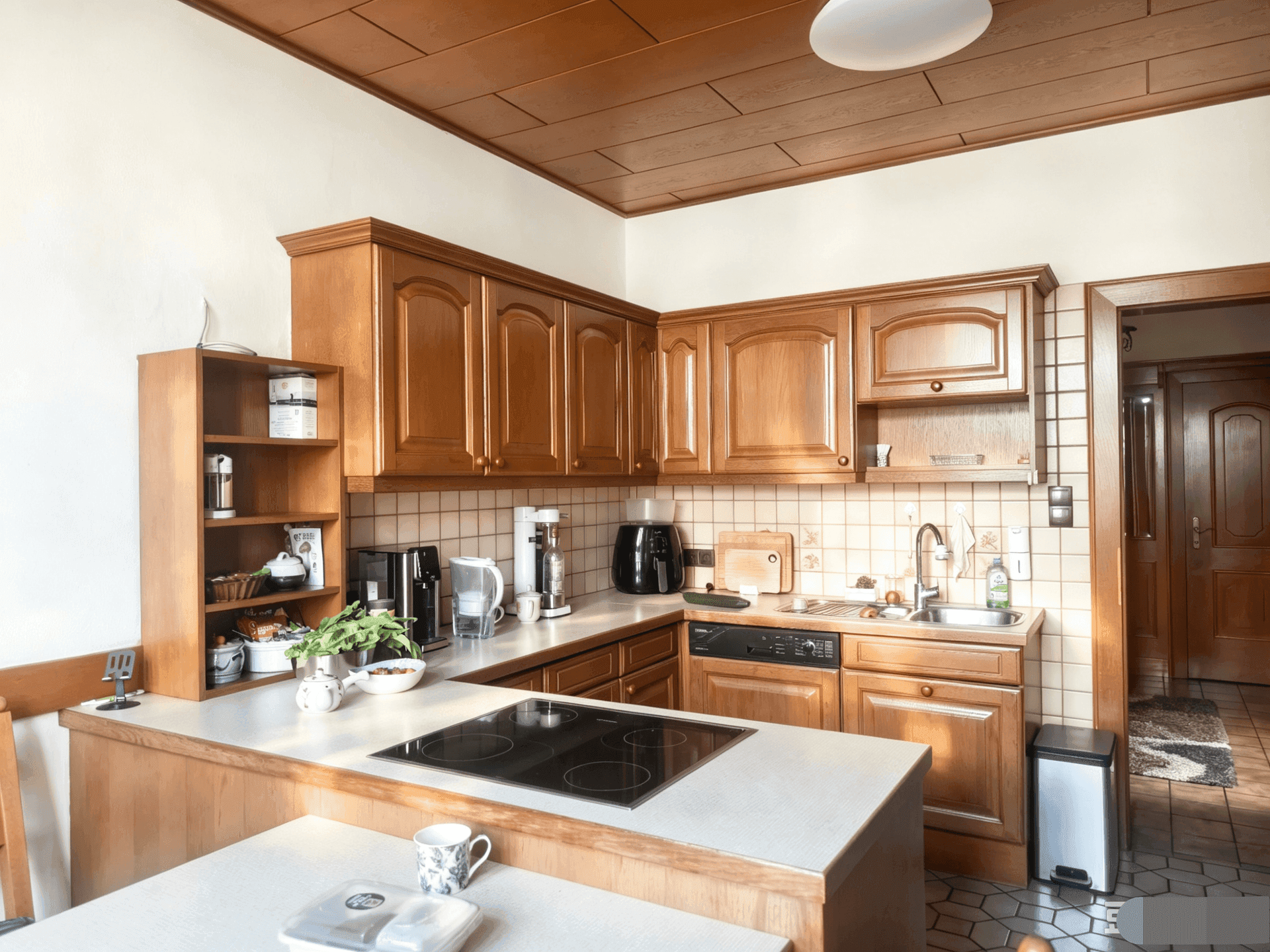 Funktionale Küche mit Holzschränken, Induktionskochfeld, Spüle und gefliestem Spritzschutz.