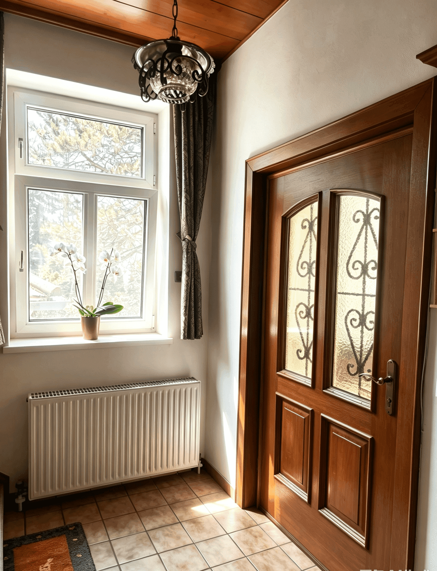 Heller Eingangsbereich mit Holztür, Fenster und Heizkörper, der Tageslicht hereinlässt.