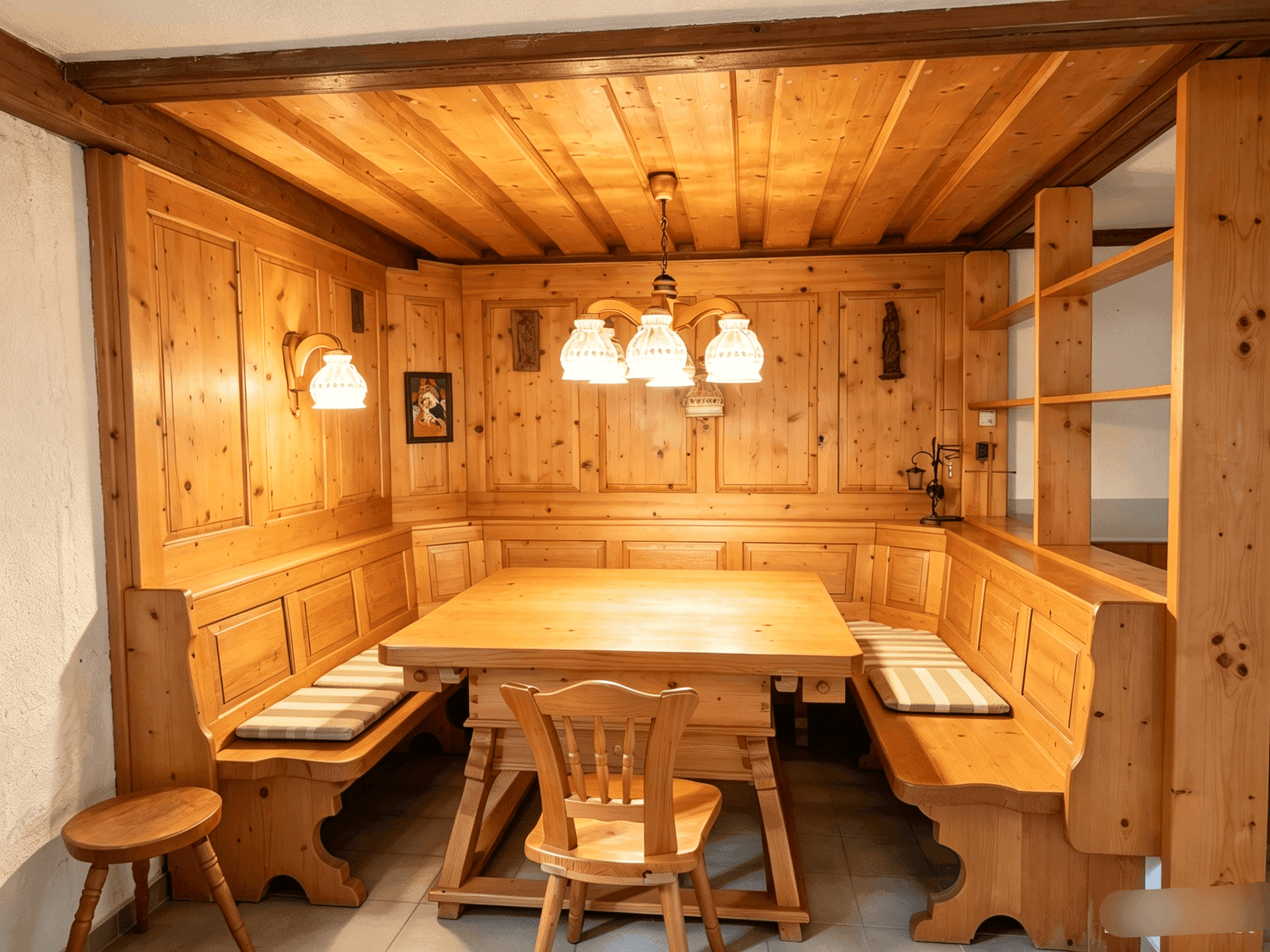 Gemütliche, holzgetäfelte Essecke mit großem Holztisch und traditionellen Sitzbänken.