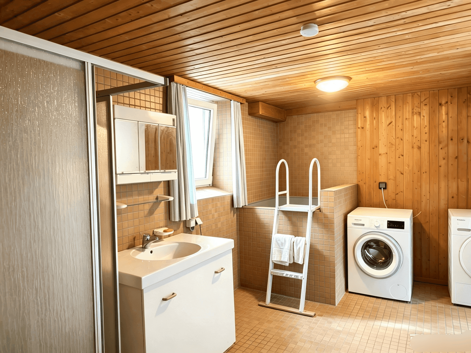 Badezimmer mit Waschbecken, Dusche, Waschmaschinen und einem kleinen Tauchbecken.