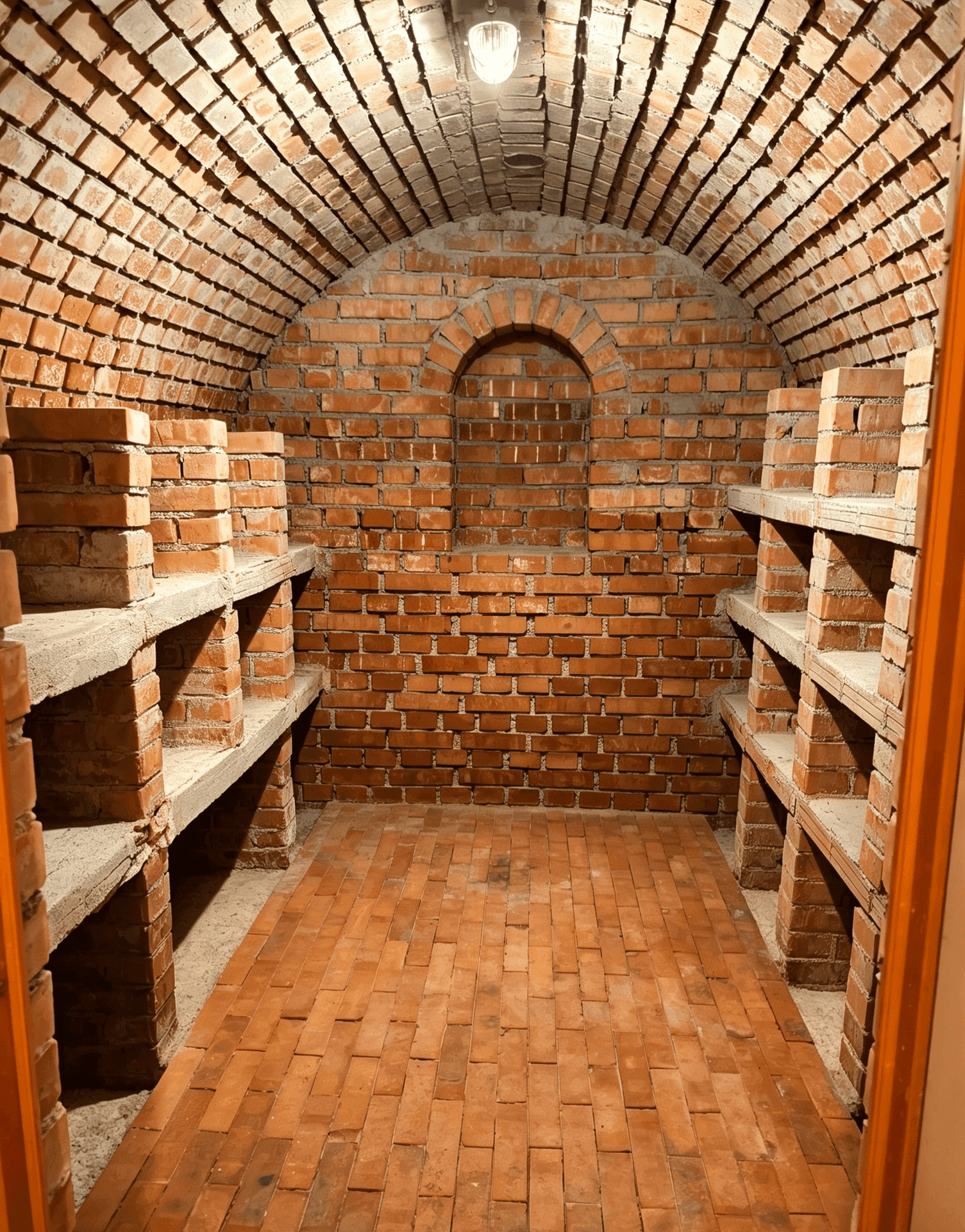 Innenansicht des Ziegelkellers mit eingebauten Regalen für Lagerzwecke.