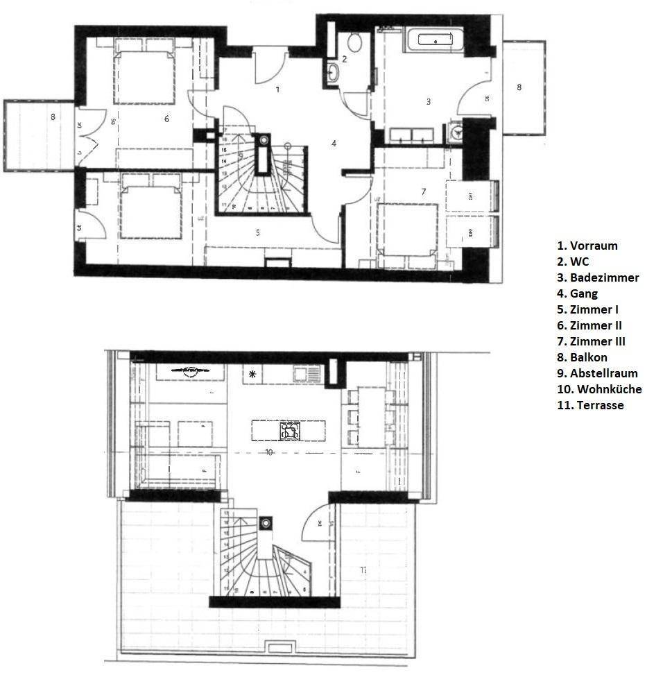 Grundrissplan zeigt zwei Ebenen mit Schlafzimmern, Bädern, Wohnküche und Terrassen.