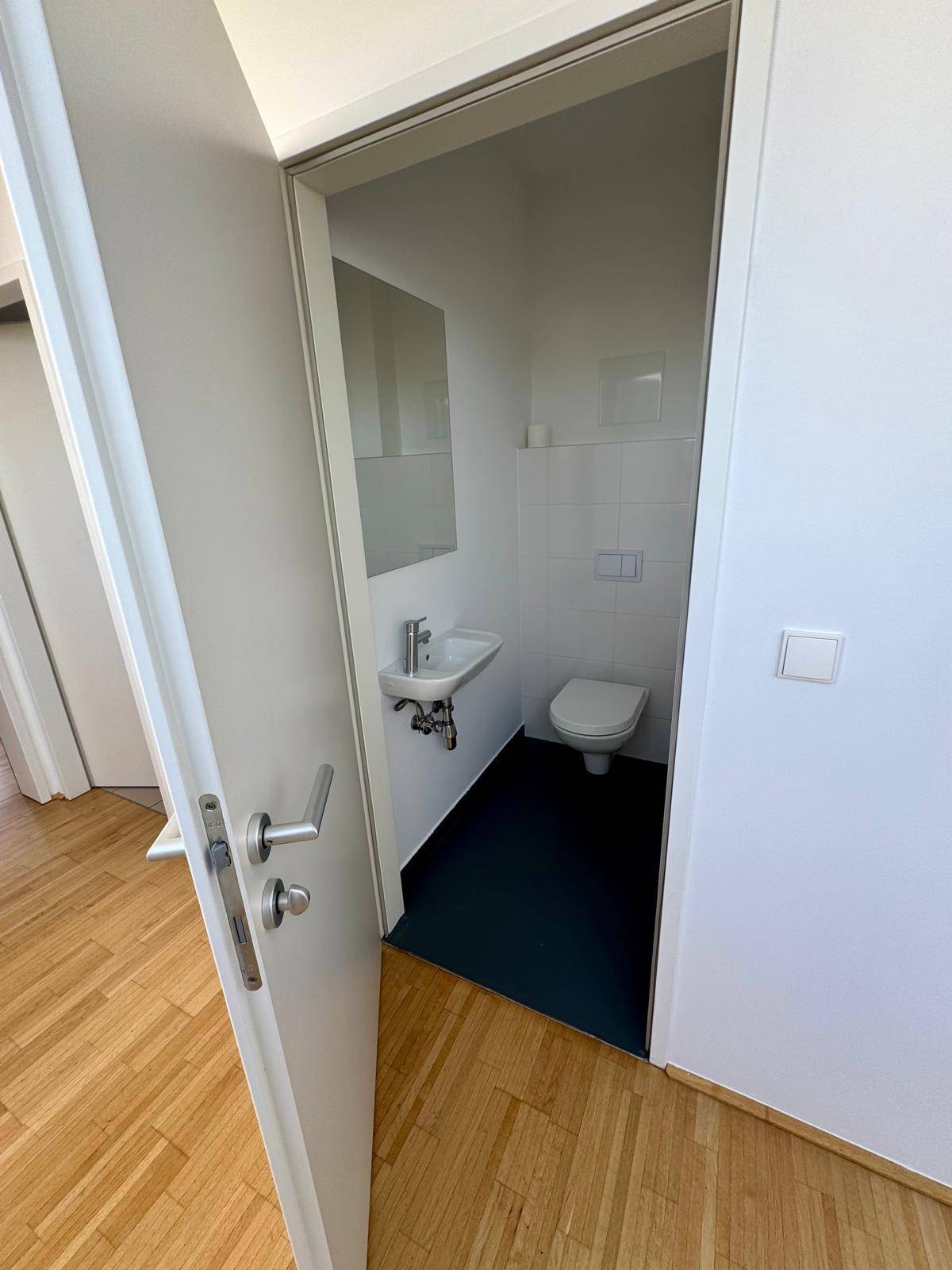 Kleines Gäste-WC mit Waschbecken, wandhängender Toilette und dunklem Boden.