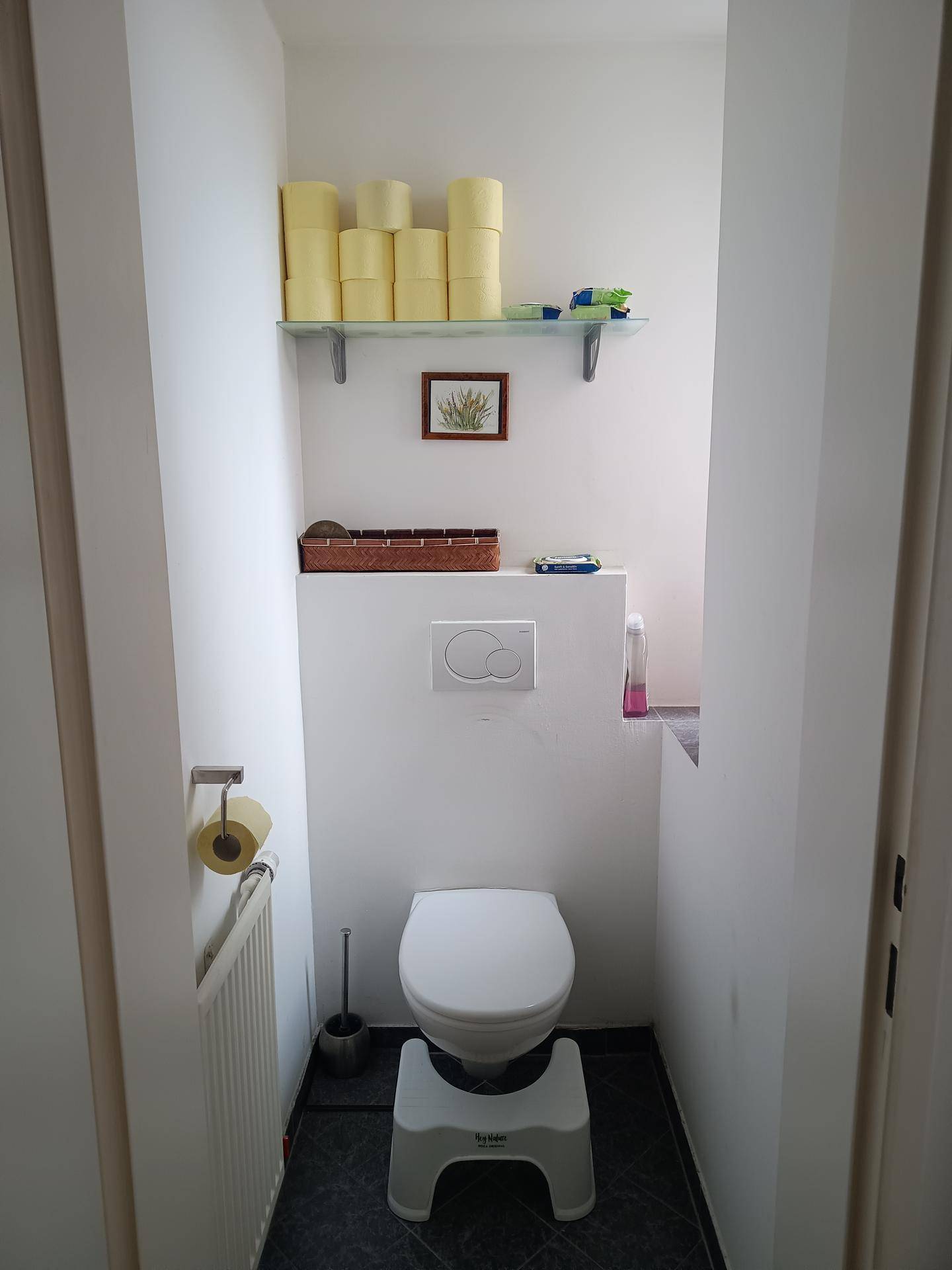 Separates WC mit Toilette, Wandspülung und dunklen Bodenfliesen.