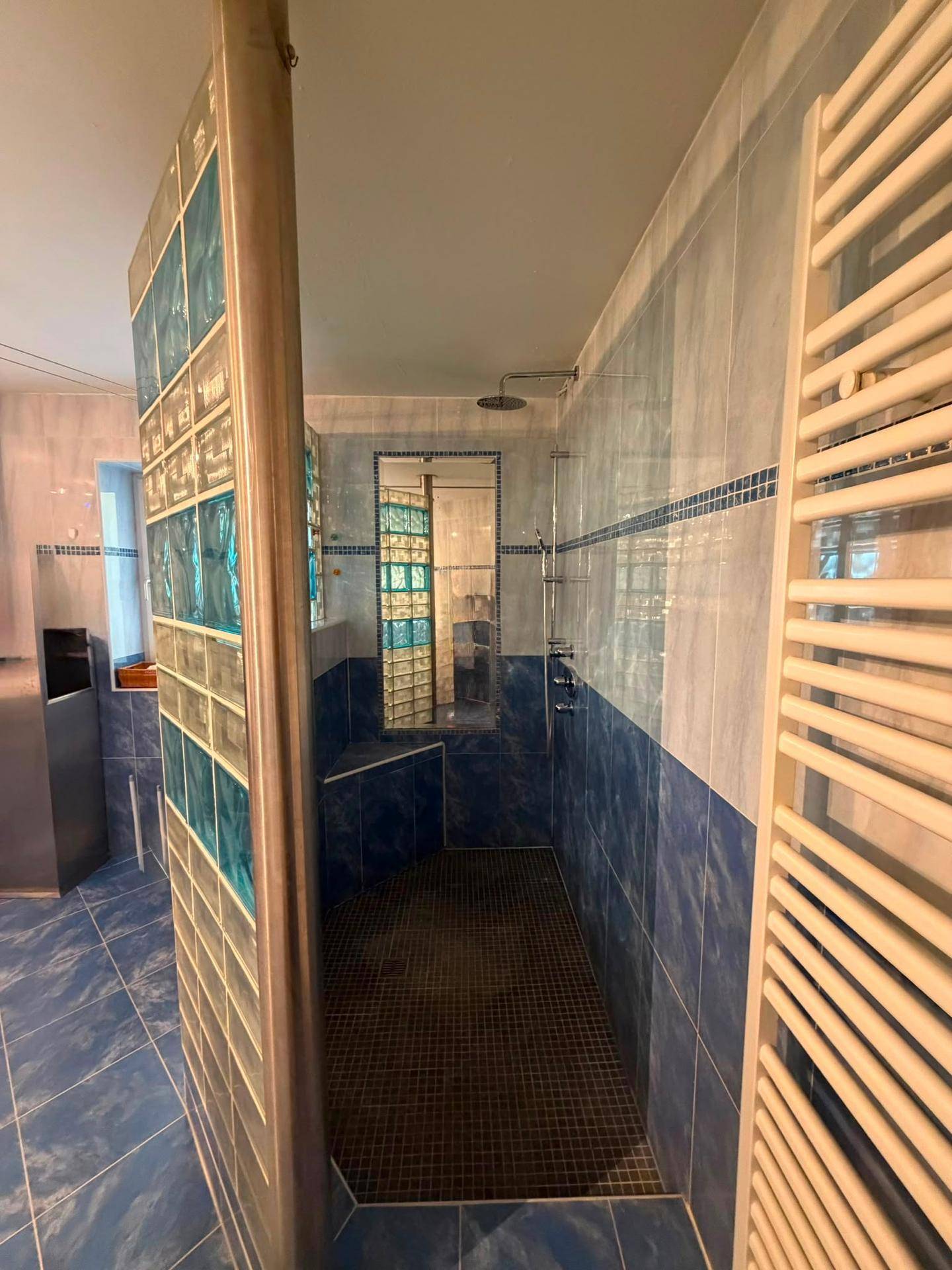 Badezimmer mit blauen Fliesen, Glasbausteinen und einer geräumigen Dusche.
