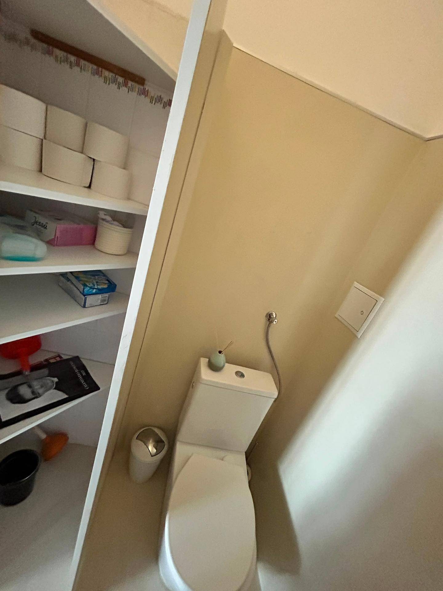 Separates WC mit Toilette und praktischen Regalen für zusätzlichen Stauraum.