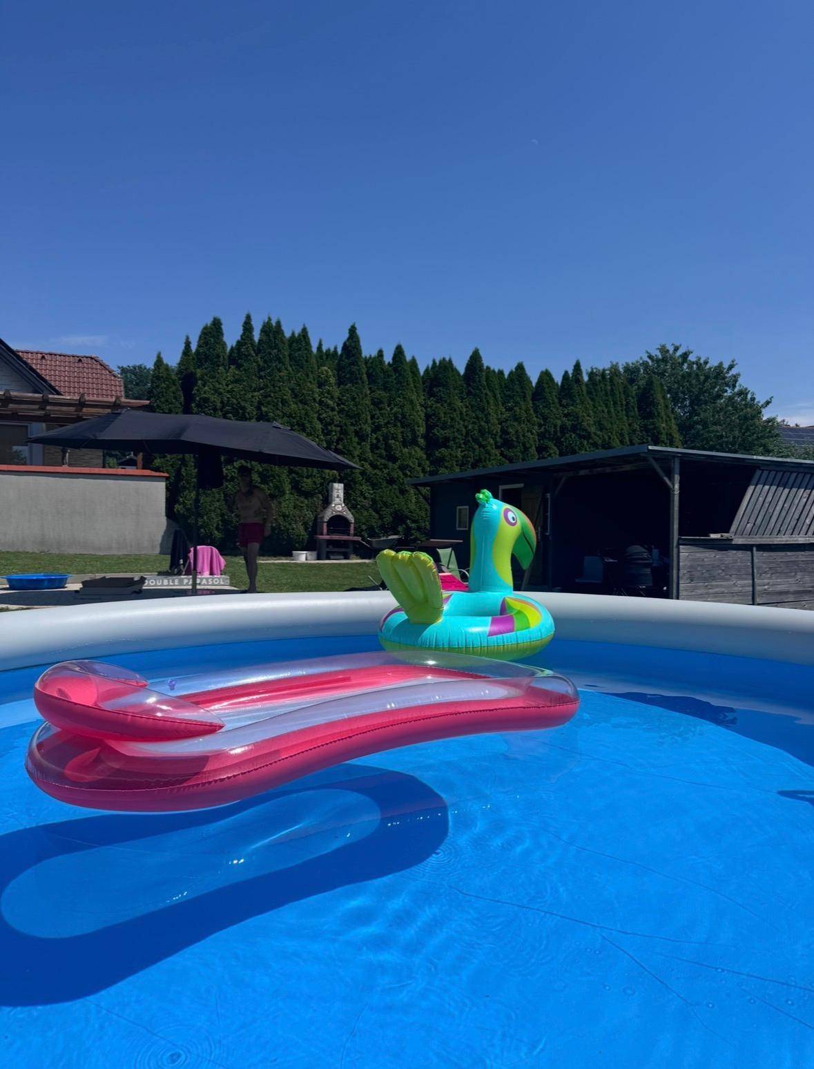 Aufblasbarer Pool mit bunten Schwimmtieren, umgeben von einem Grillbereich und hohen Bäumen.