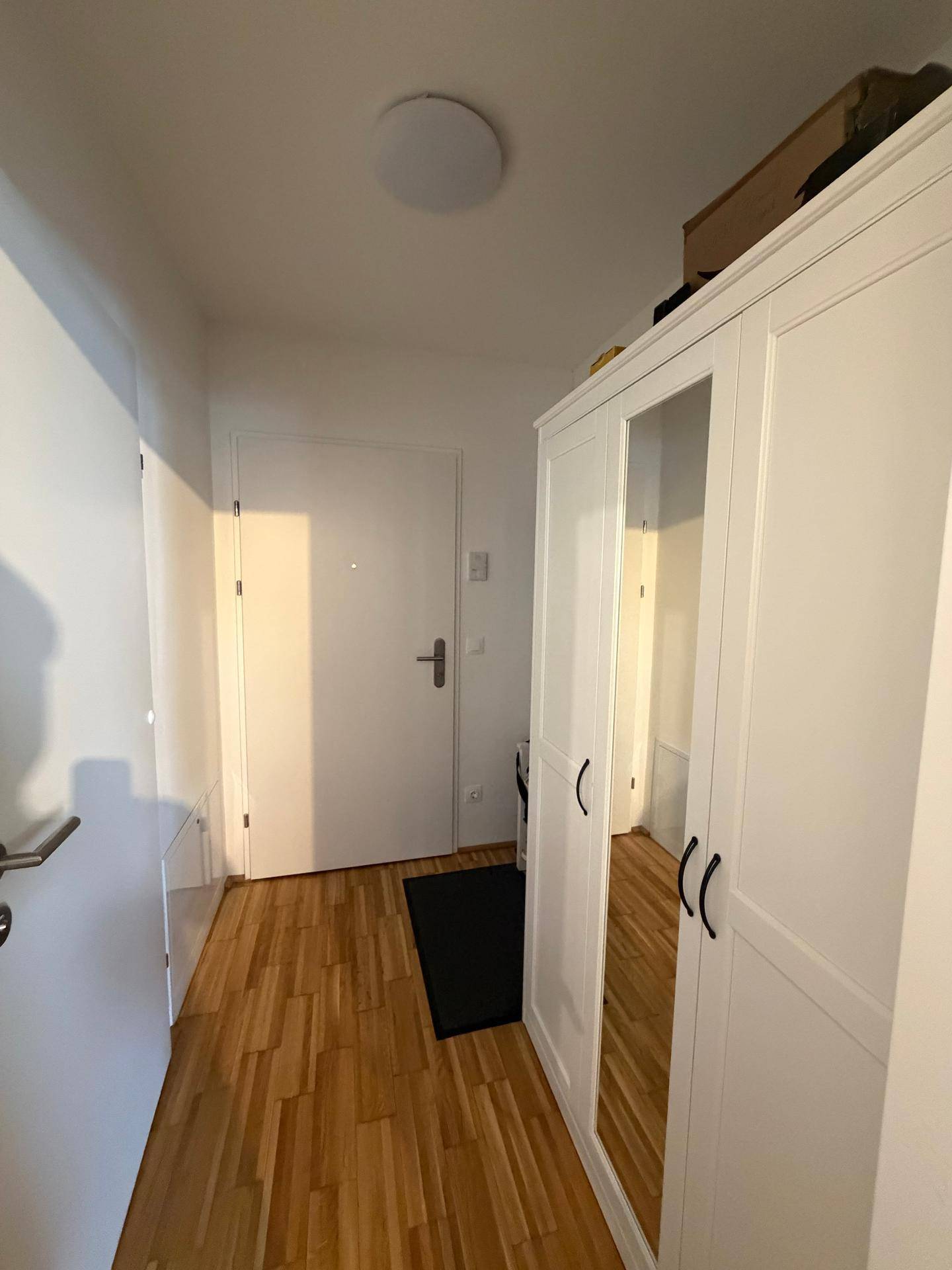 Heller Flur mit Holzboden und einem großen weißen Kleiderschrank mit Spiegelfront.