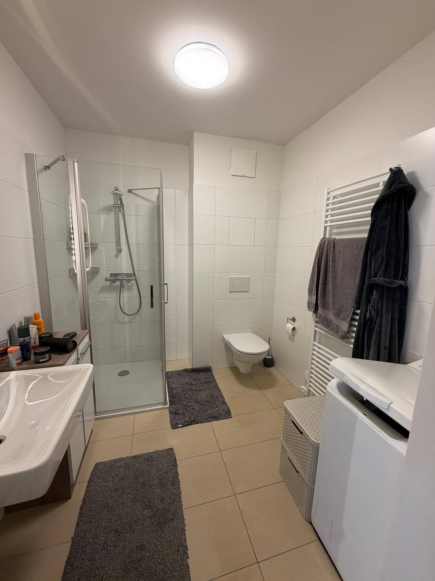 Modernes Badezimmer mit Duschkabine, WC, Waschbecken und beheiztem Handtuchhalter.