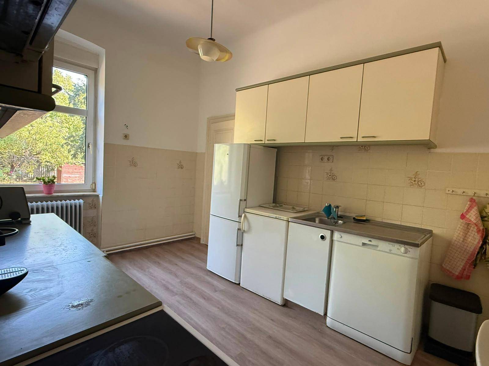 Helle Küche mit Kühlschrank, Spüle und einem großen Fenster, das viel Tageslicht hereinlässt.