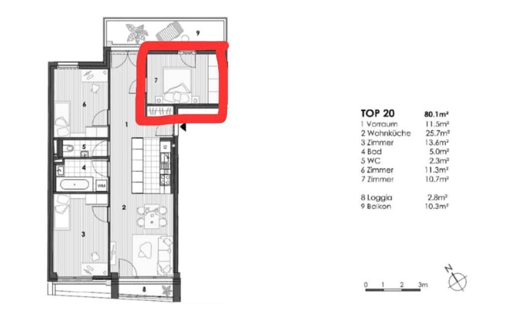 Grundriss der Wohnung mit hervorgehobenem Schlafzimmer und Balkon.