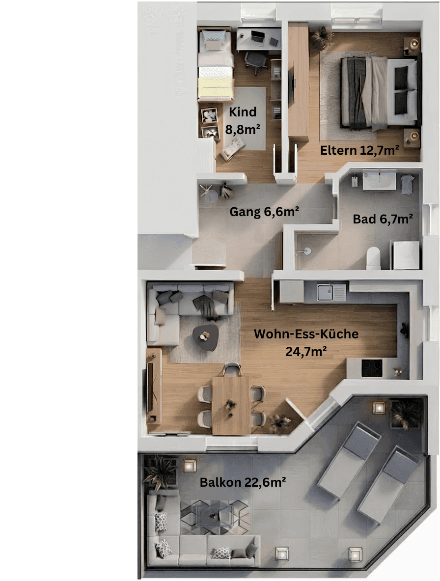 Grundriss einer modernen Wohnung mit offenem Wohn-Essbereich, zwei Schlafzimmern und großem Balkon.