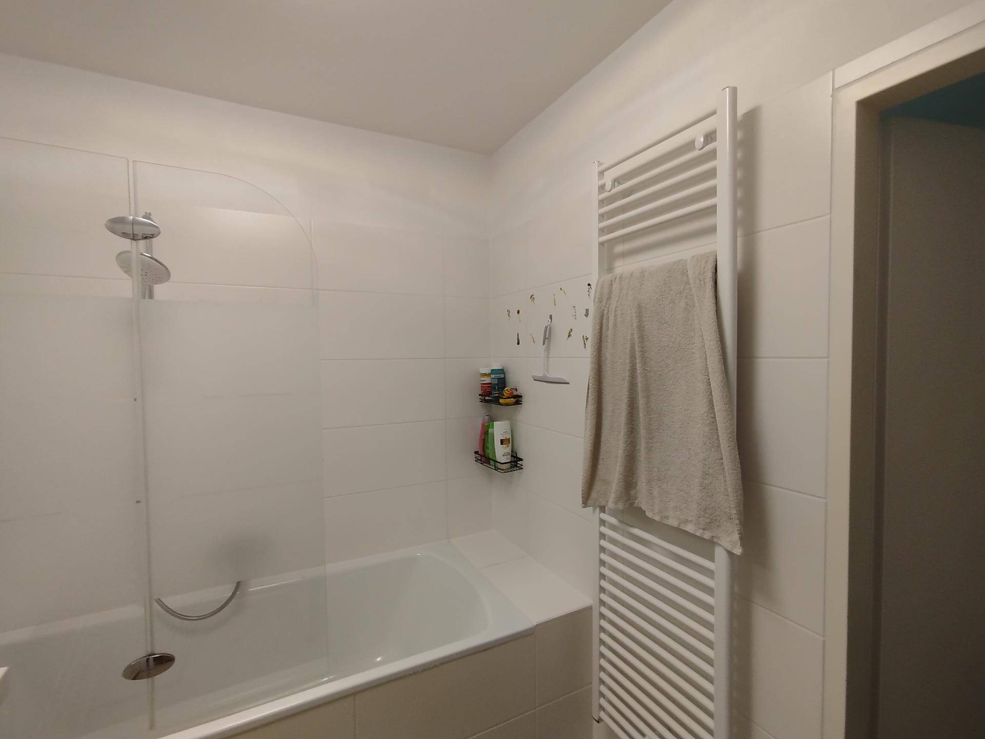 Detaillierte Ansicht des Badezimmers mit Badewanne, Duscharmatur und praktischem Handtuchheizkörper.