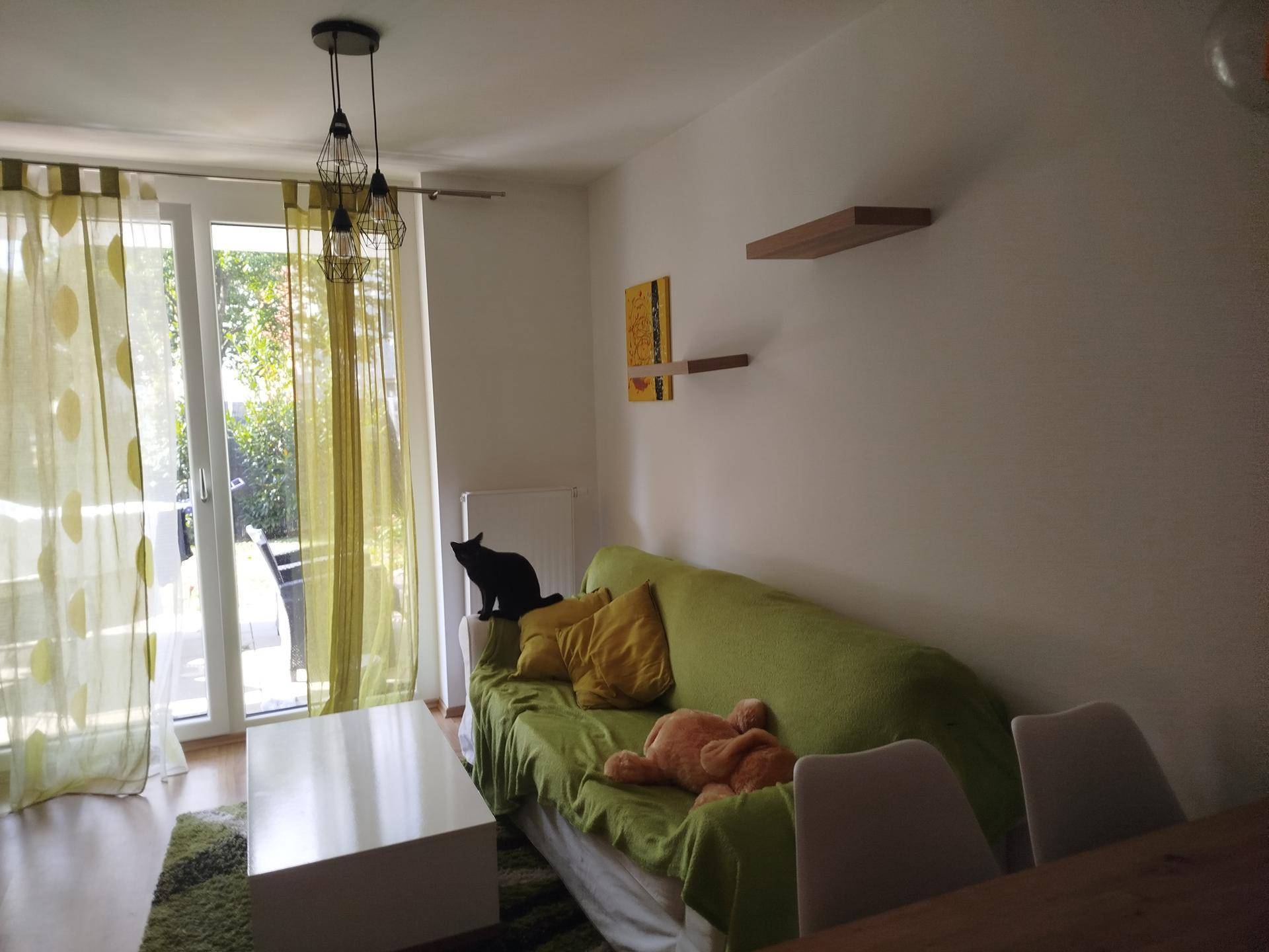 Gemütliches Wohnzimmer mit grünem Sofa, Couchtisch und viel Tageslicht durch die Terrassentür.
