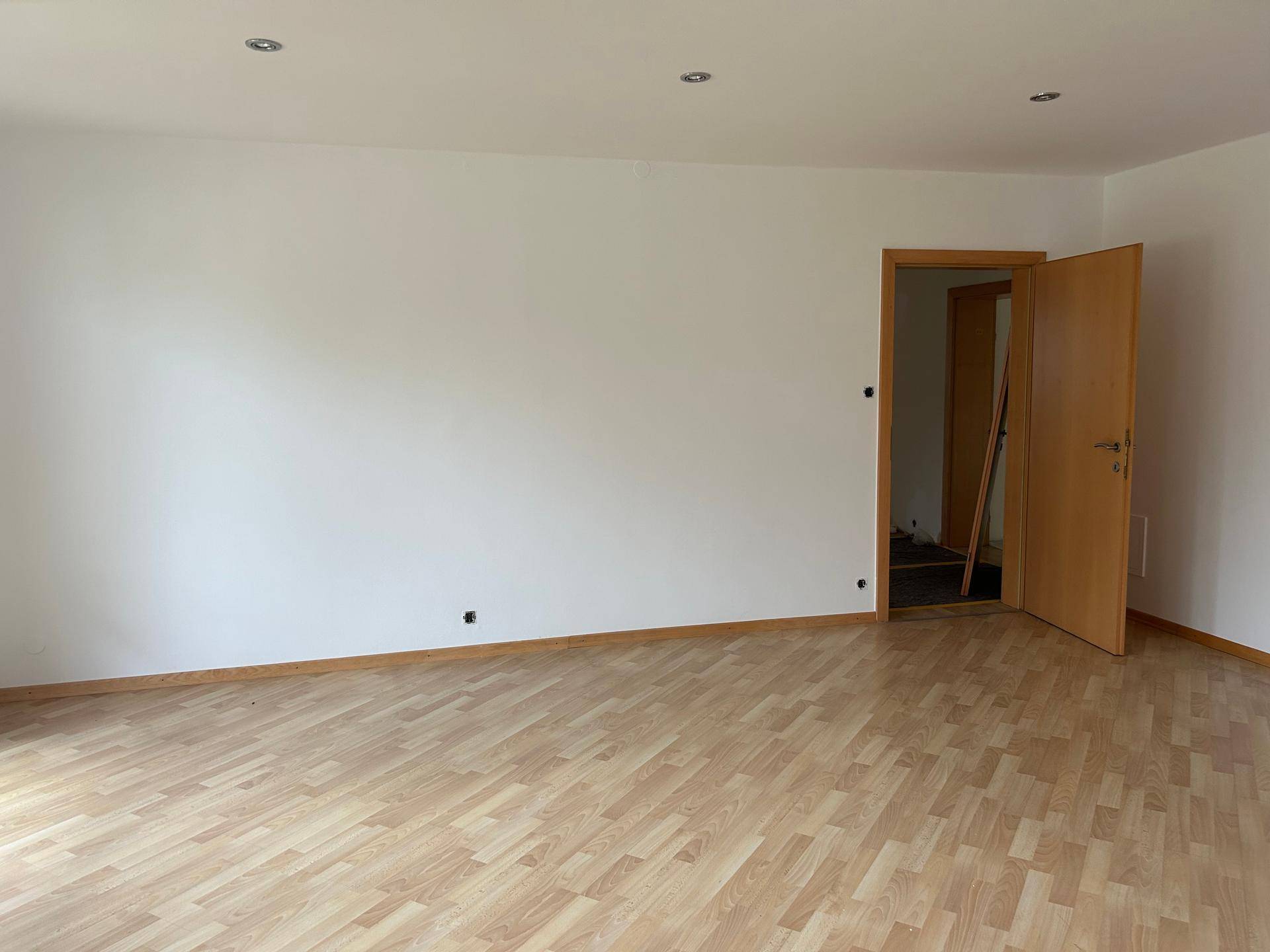 Geräumiger, heller Raum mit Laminatboden und einer Holztür, bereit zur individuellen Gestaltung.