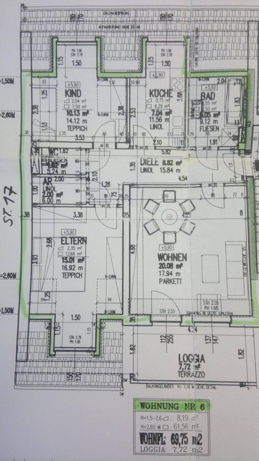 Grundriss der Wohnung Nr. 8 mit Wohnzimmer, Küche, Bad und zwei Schlafzimmern.