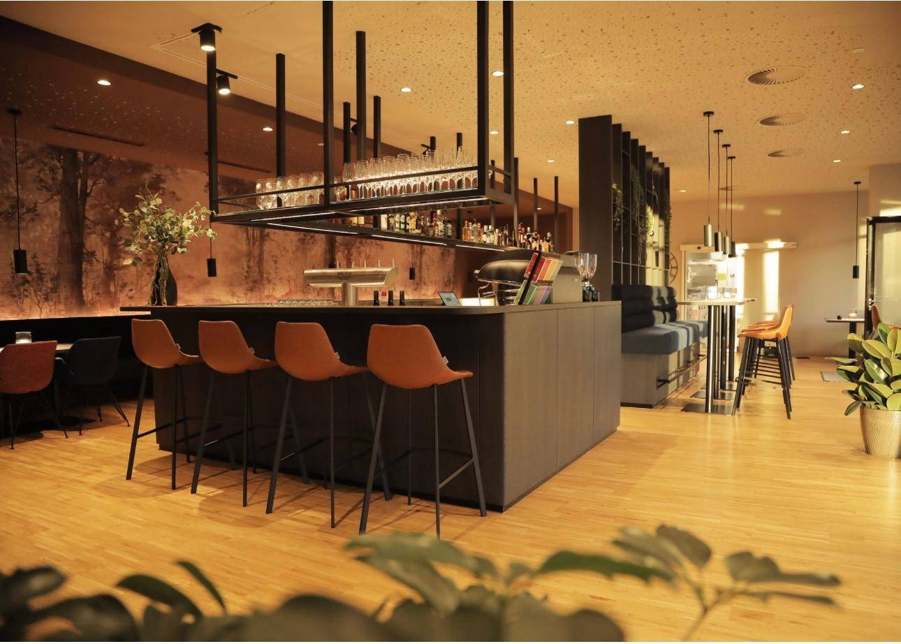 Geräumiger Restaurant- und Barbereich mit einer langen Theke, hängenden Gläserregalen und dekorativen Pflanzen.
