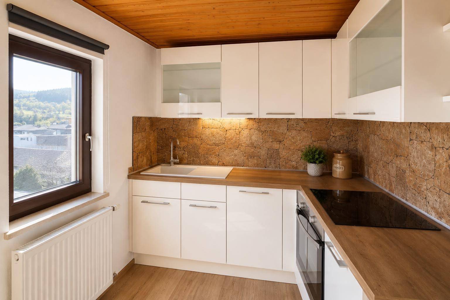 Moderne Küche mit weißen Schränken, Holzarbeitsplatte und Fenster mit Ausblick ins Grüne.