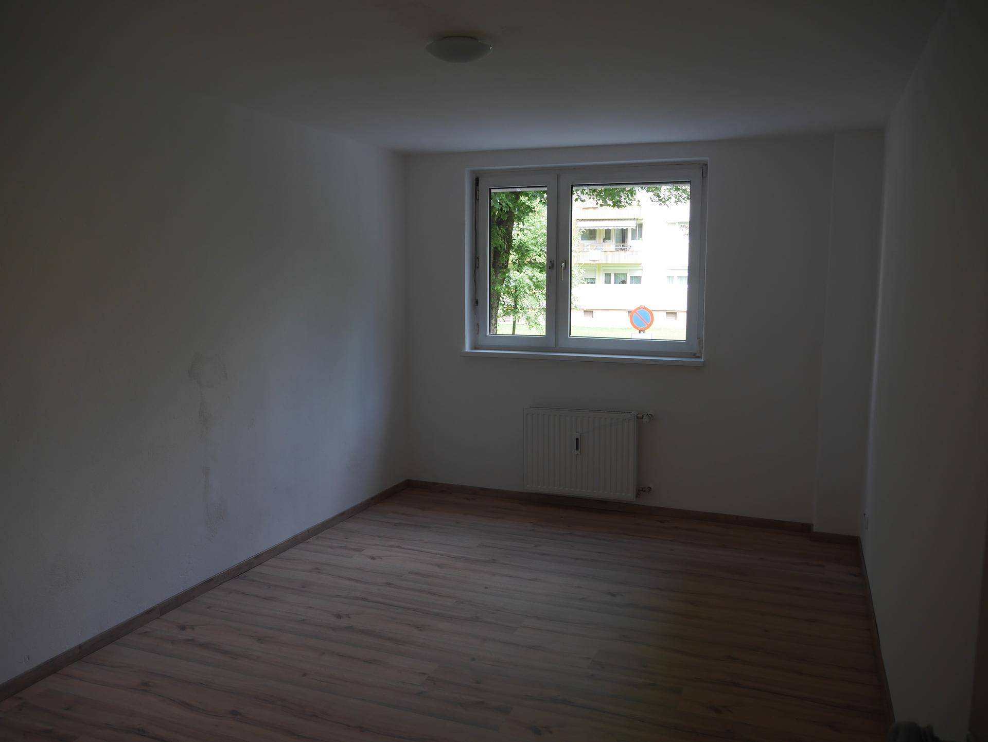 Geräumiger, unmöblierter Raum mit Laminatboden und Fenster zum Außenbereich.