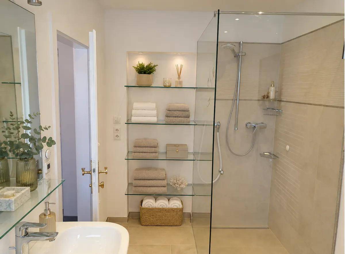 Modernes Badezimmer mit geräumiger begehbarer Dusche und eleganten Glasregalen.