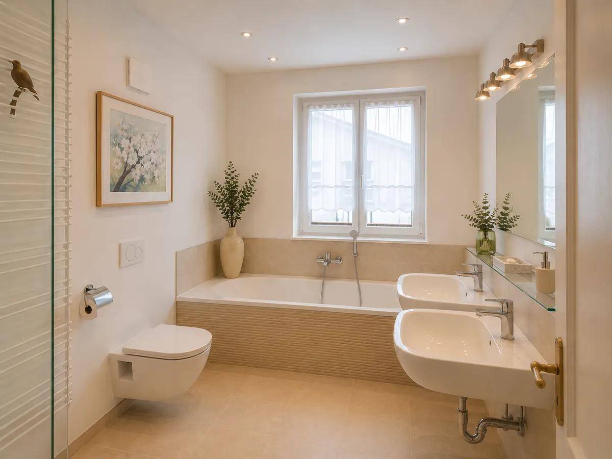 Helles Badezimmer mit Badewanne, Doppelwaschbecken und wandhängendem WC.