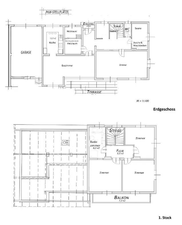 Grundrisspläne für Erdgeschoss und ersten Stock mit Garage, Sauna und Balkon.