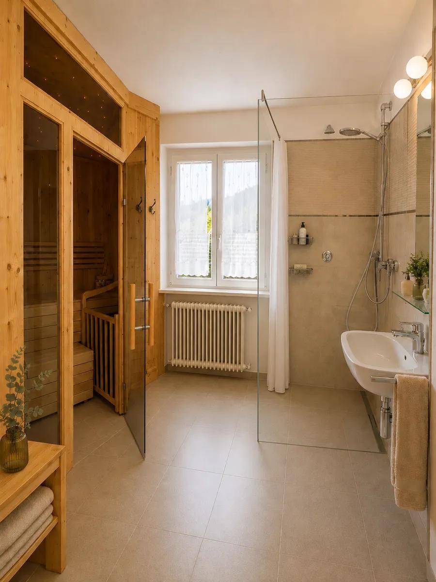 Modernes Badezimmer mit begehbarer Dusche, Einzelwaschbecken und integrierter Sauna.