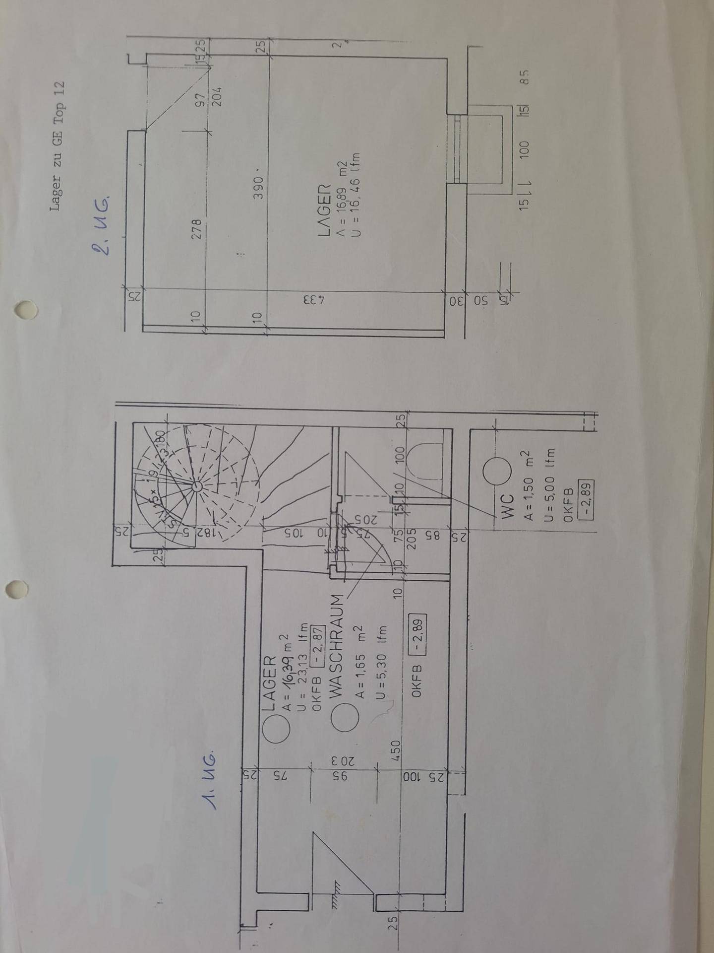Grundrissplan zeigt zwei Untergeschosse mit Lagerflächen, Waschraum und WC.