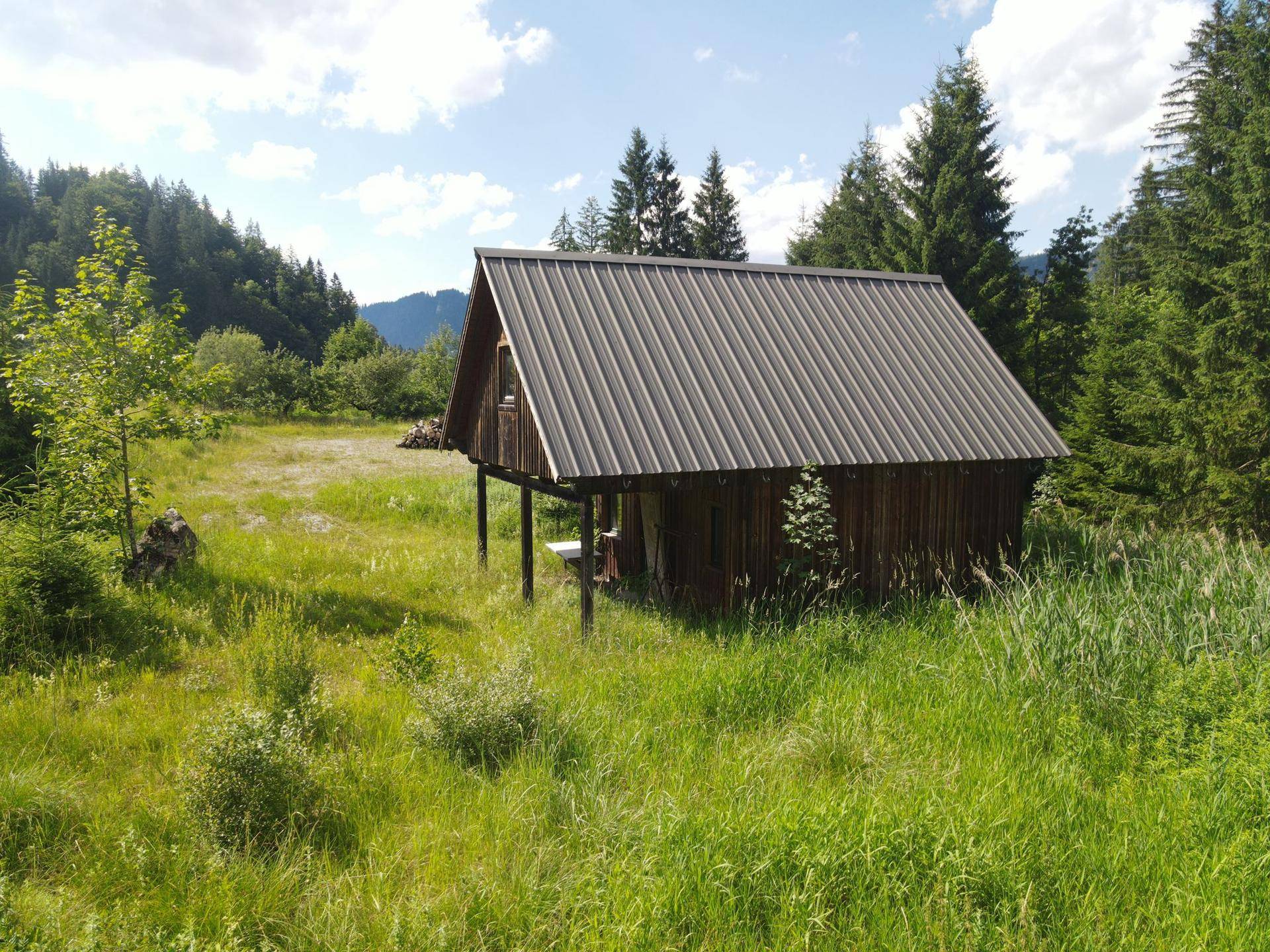 Rustikale Holzhütte mit Satteldach und kleiner Veranda, umgeben von einer weiten Wiese und Wald.