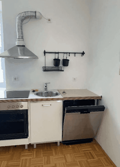 Praktische Küchenzeile mit Spülmaschine, Herd und Dunstabzugshaube für effizientes Kochen.