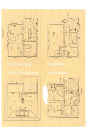 Übersicht der Grundrisse für Dachgeschoss, Tiefparterre und Hochparterre.