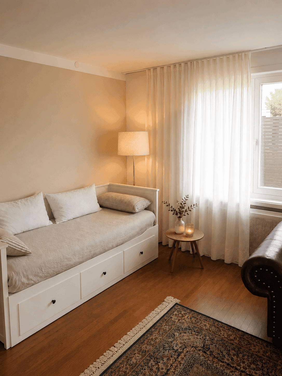 Gemütliches Schlafzimmer mit Tagesbett, Holzboden und viel natürlichem Licht durch das Fenster.
