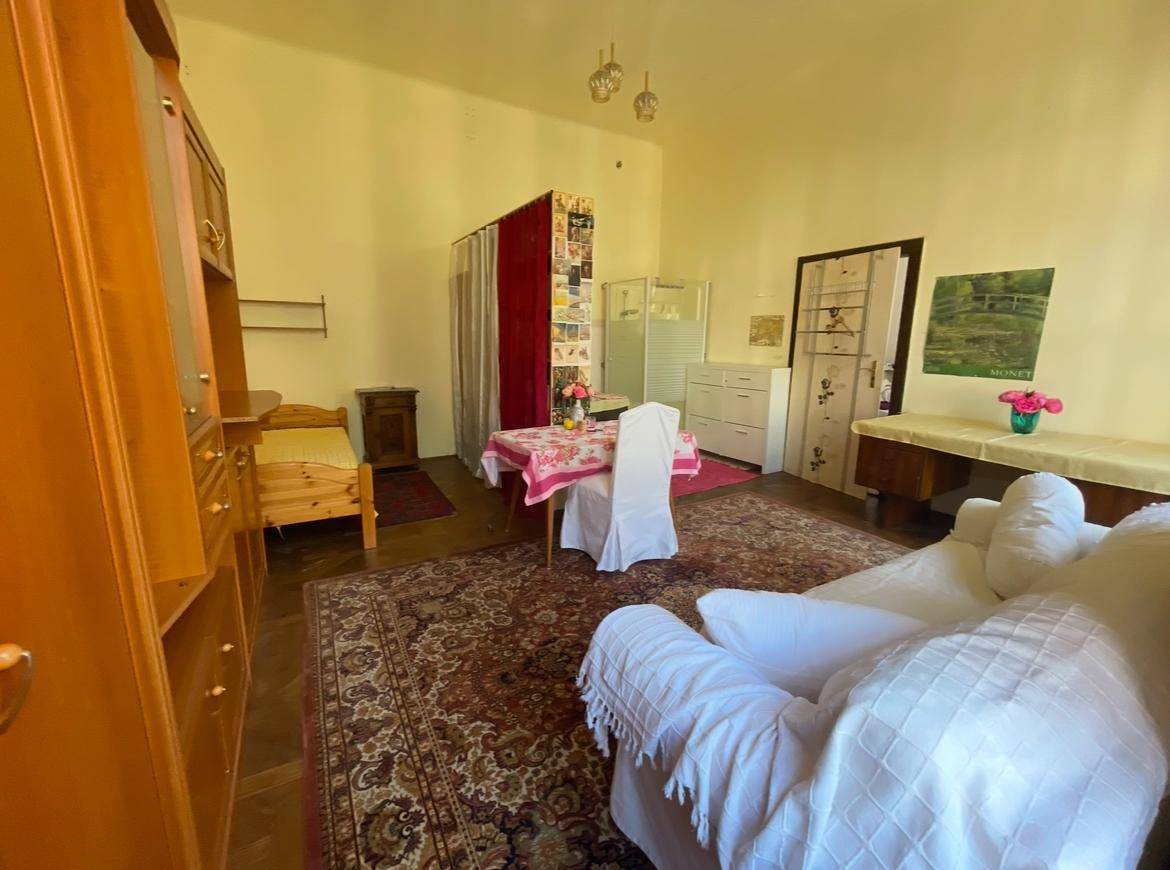 Vielseitiger Wohnbereich mit Sofa, Esstisch und einem Bett, abgetrennt durch einen Vorhang.