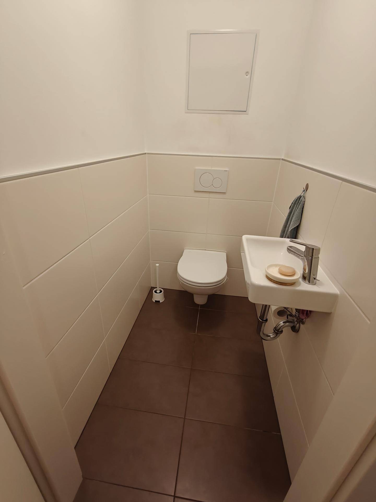 Separates Gäste-WC mit wandhängender Toilette und kleinem Handwaschbecken.