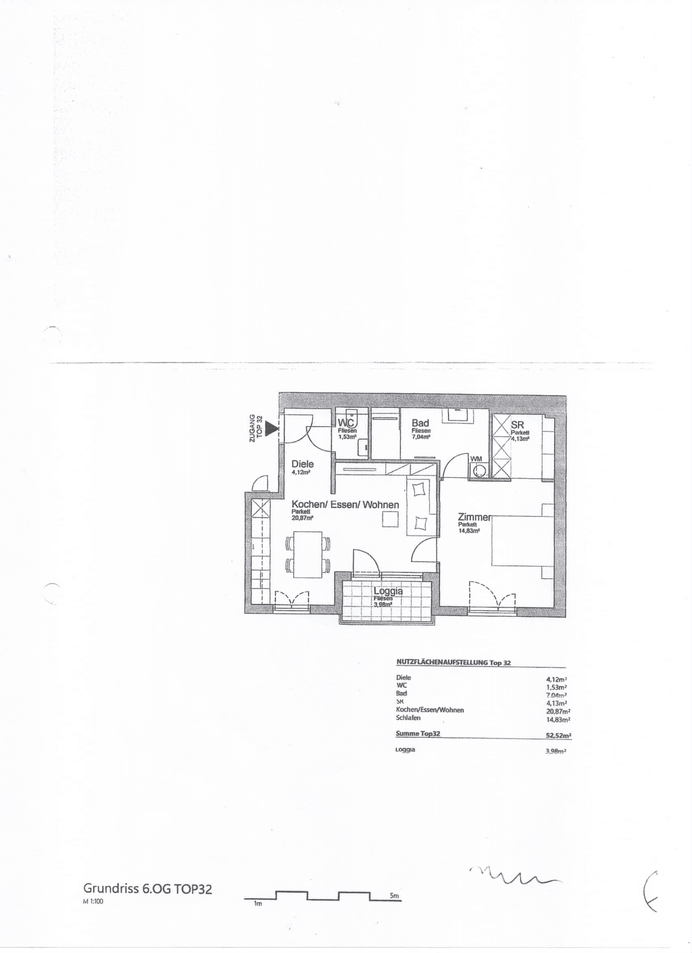 Grundriss der Wohnung mit Loggia, Küche/Essen/Wohnen und separatem WC.