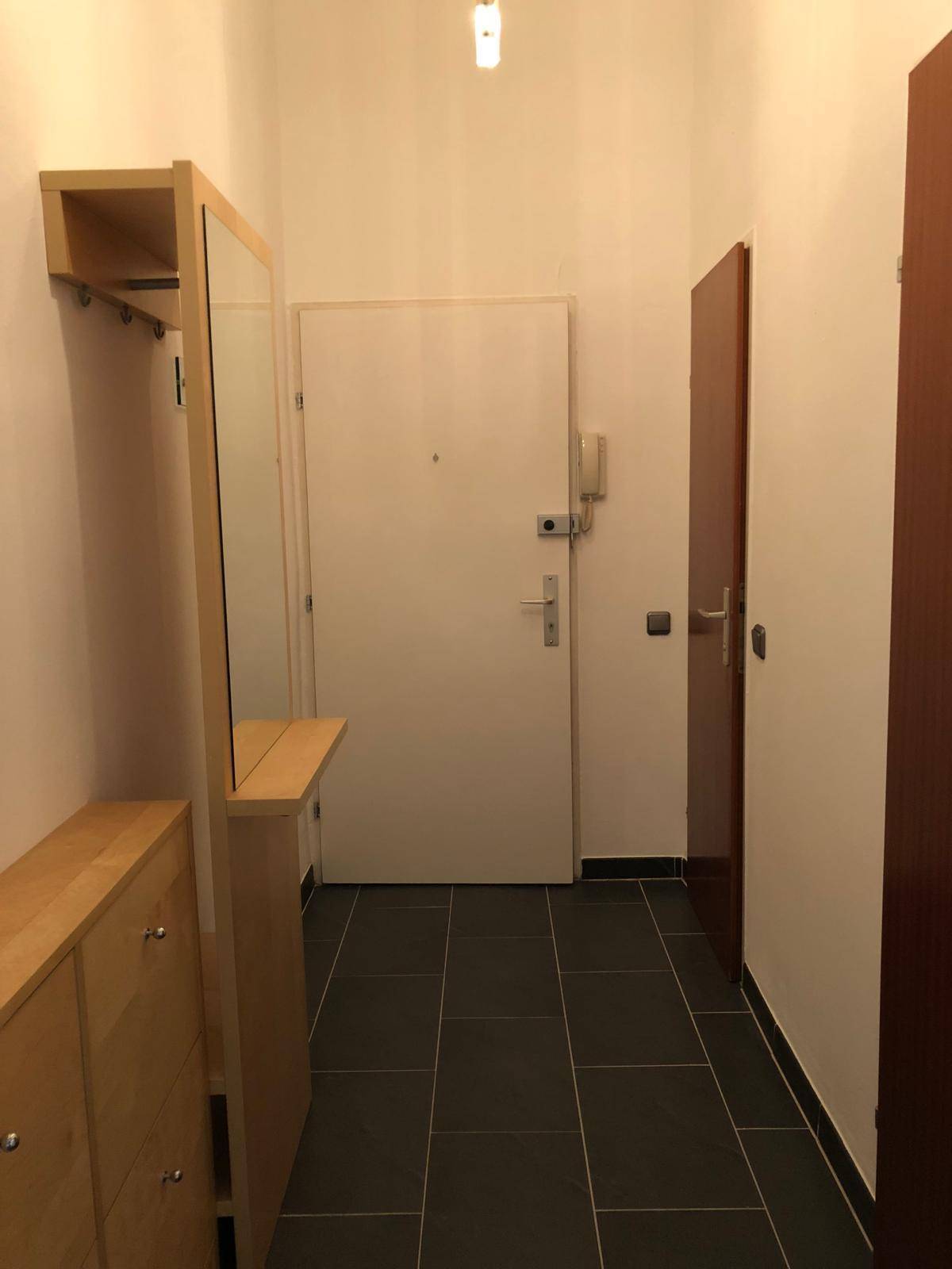 Eingangsbereich mit weißer Tür, Gegensprechanlage und Garderobe mit Spiegel.