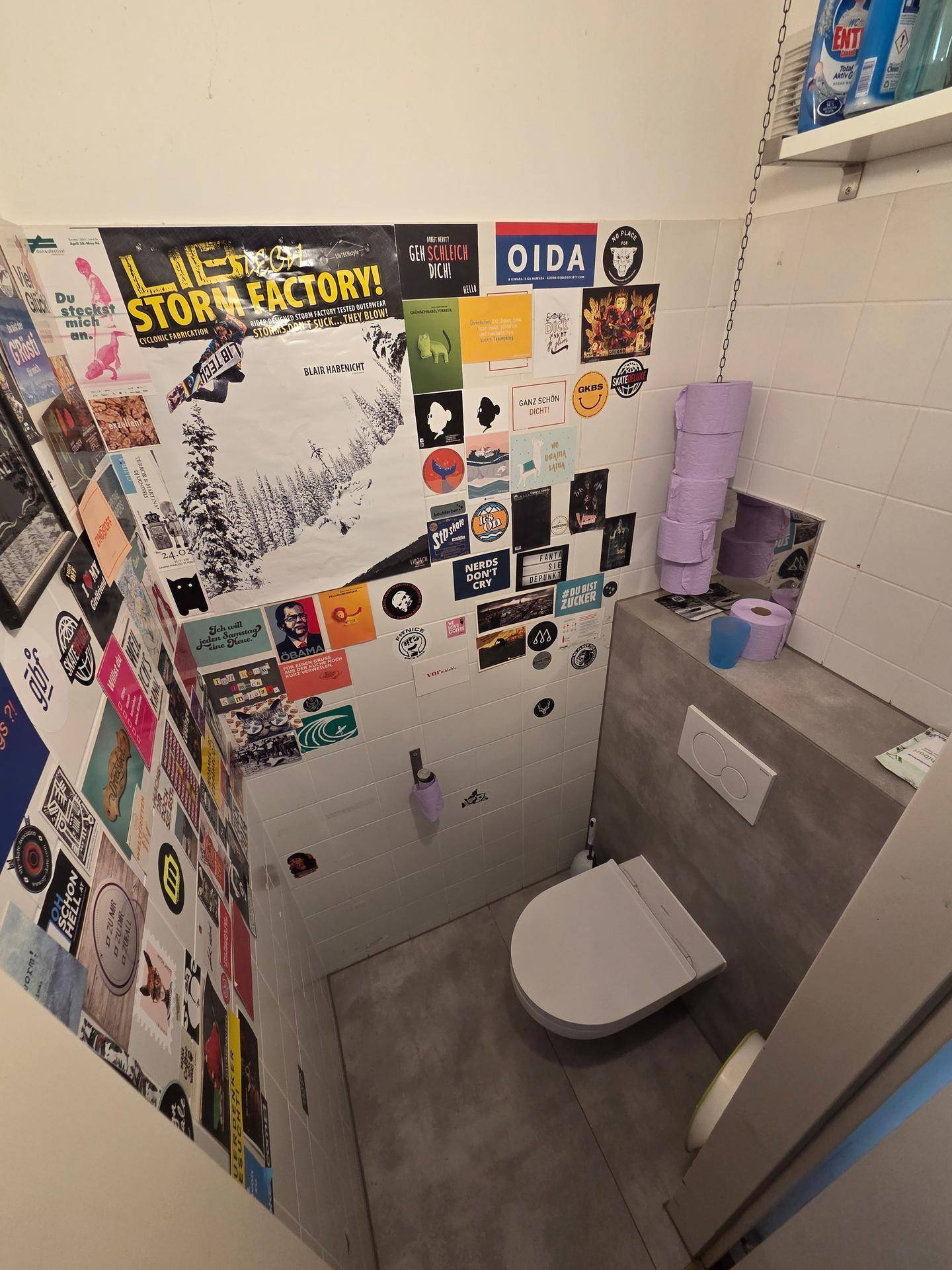 Kleines Gäste-WC mit wandhängender Toilette und kreativ gestalteten Wänden.
