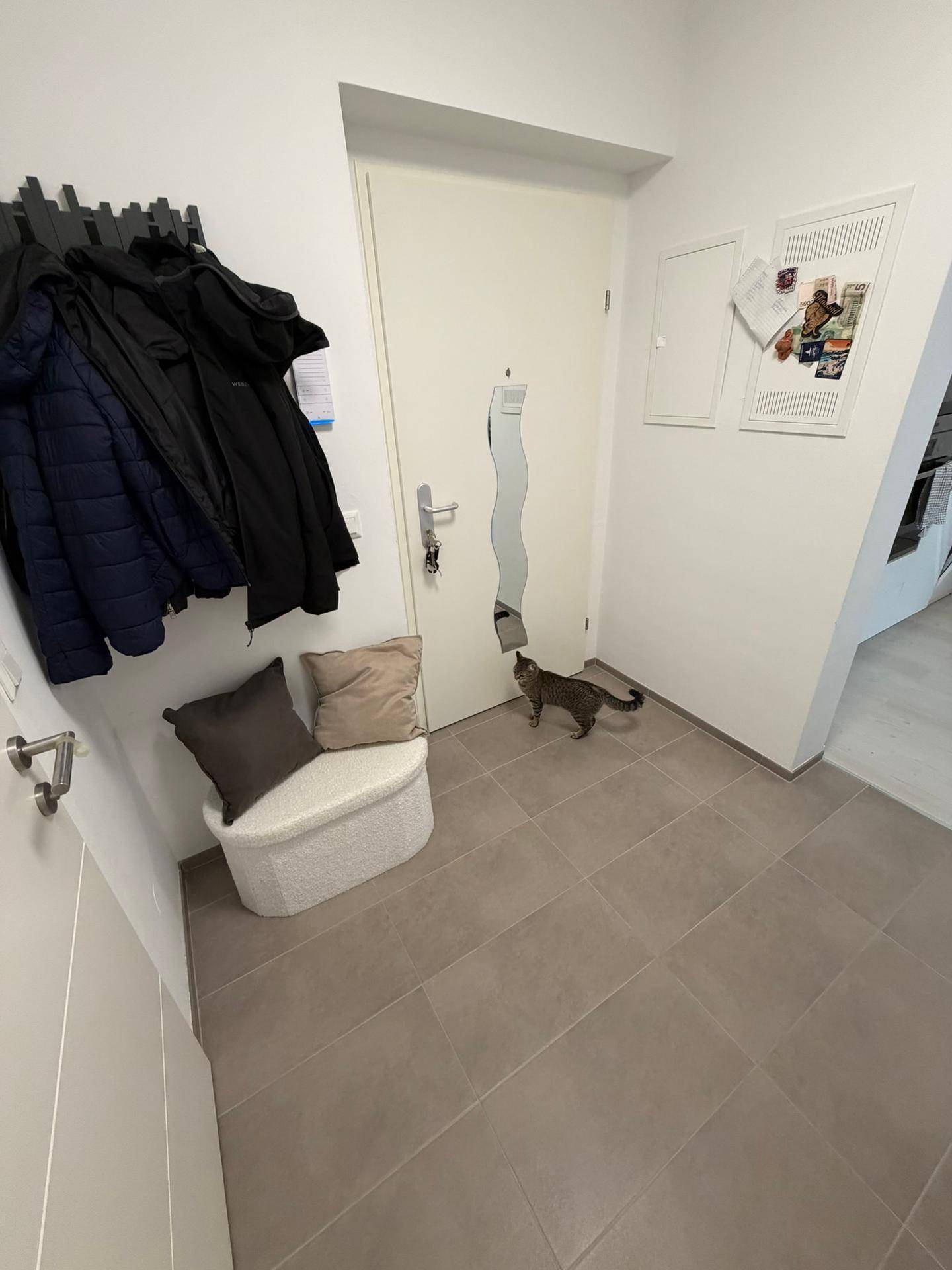 Heller Eingangsbereich mit Fliesenboden, Garderobe und einer kleinen Sitzgelegenheit.