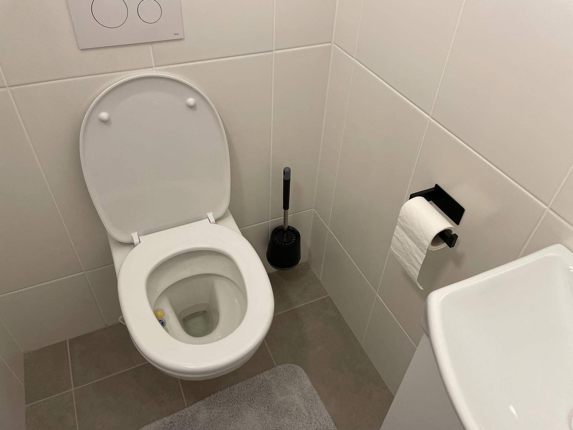Funktionale Gästetoilette mit WC, kleinem Waschbecken und Fliesen an Wänden und Boden.