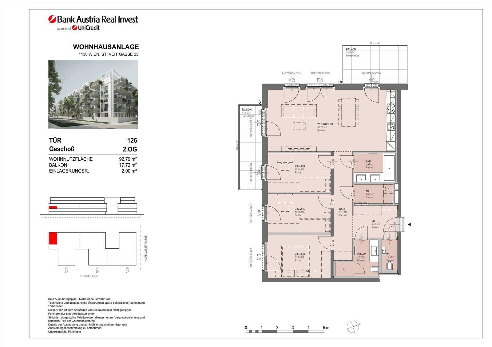 Grundriss einer Wohnung mit drei Zimmern, Balkon und Abstellraum.