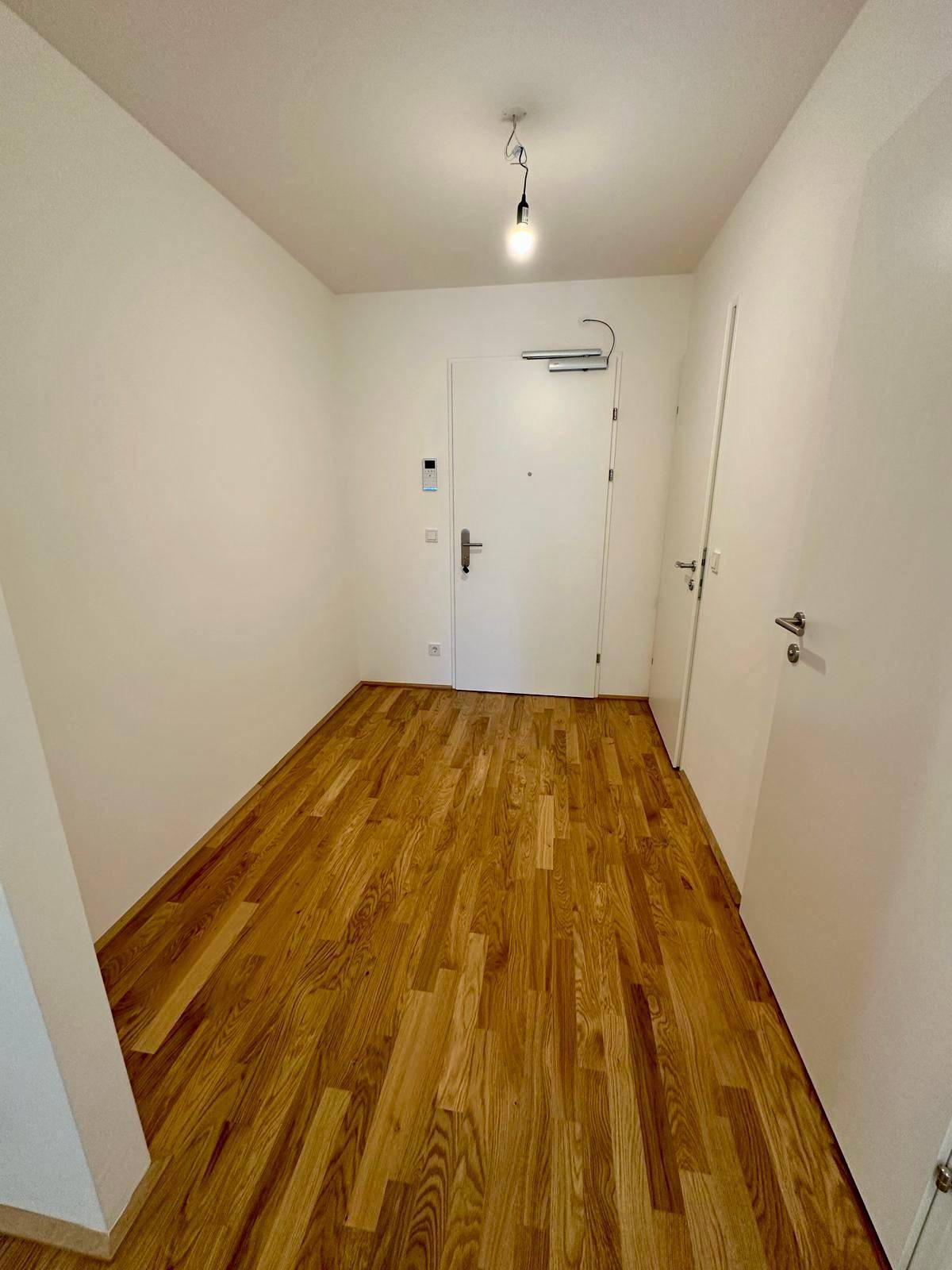 Heller Eingangsbereich mit Holzboden und weißen Wänden.