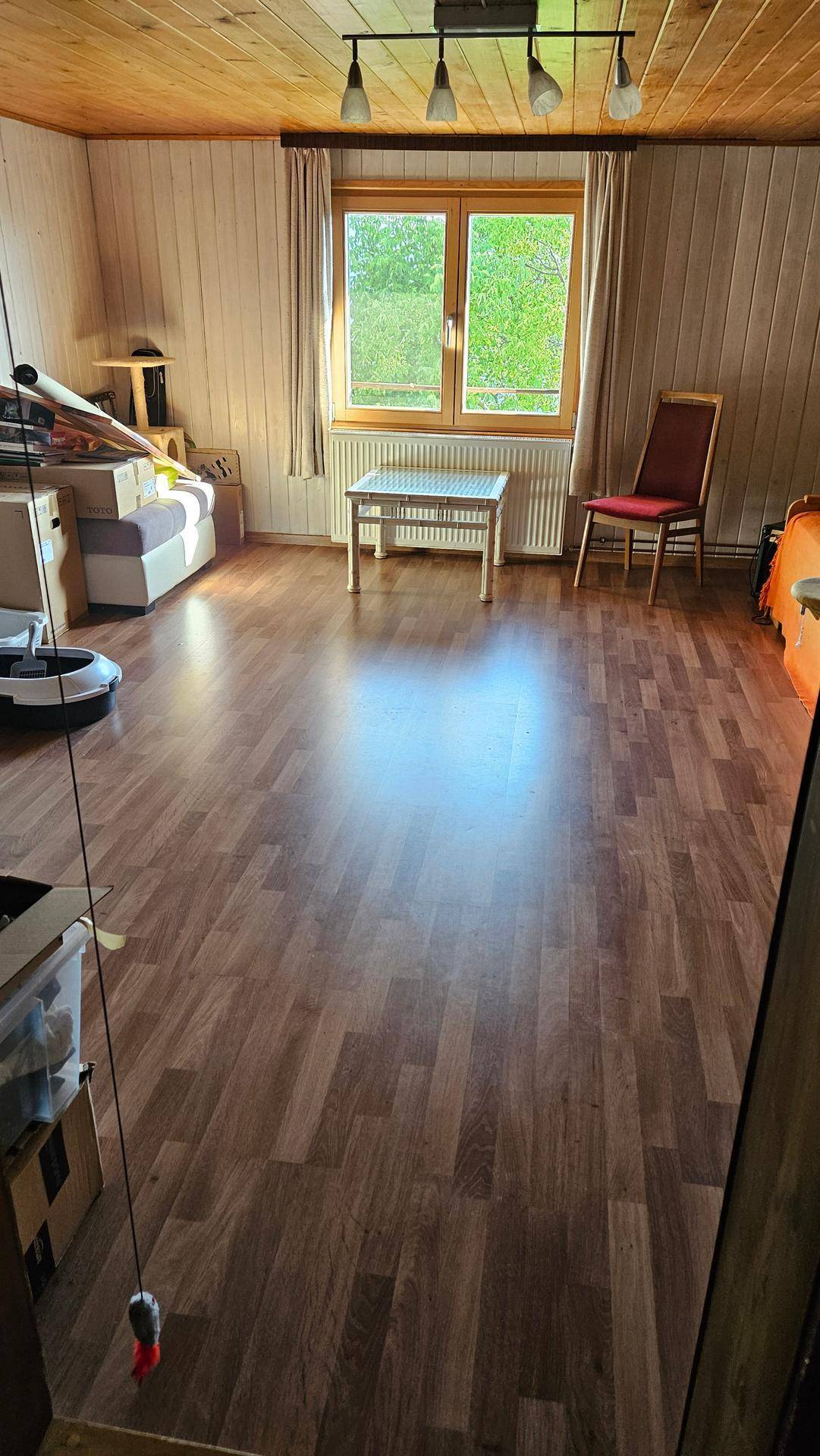 Heller Raum mit Laminatboden, Holzdecke und Fenster, vielseitig nutzbar.