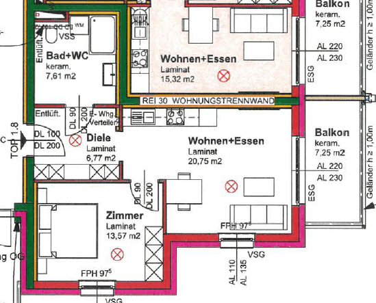 Detaillierter Grundriss mit Raumaufteilung und Flächenangaben für die Wohnung.