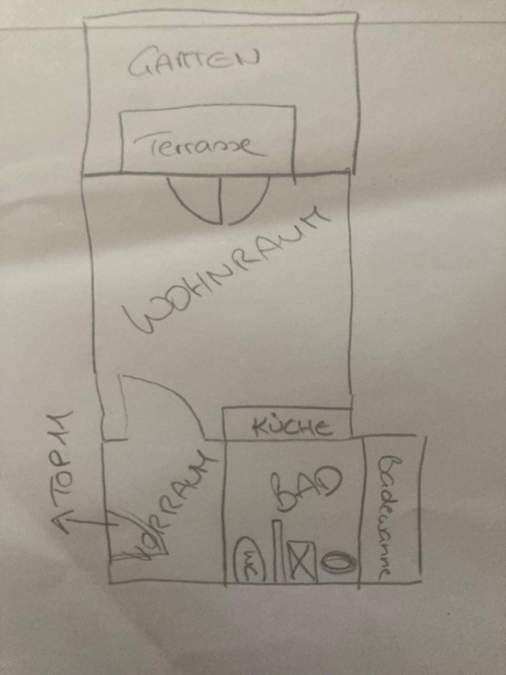 Handgezeichneter Grundriss mit Wohnraum, Küche, Bad, Vorraum, Terrasse und Gartenbereich.