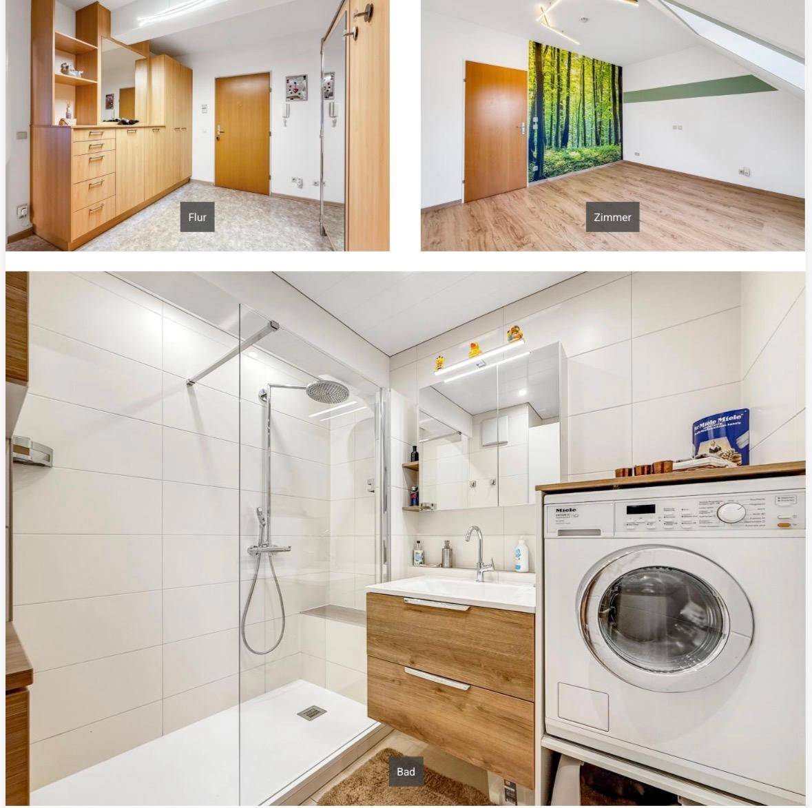 Collage zeigt Flur, Zimmer mit Waldtapete und ein modernes Badezimmer mit Dusche und Waschmaschine.