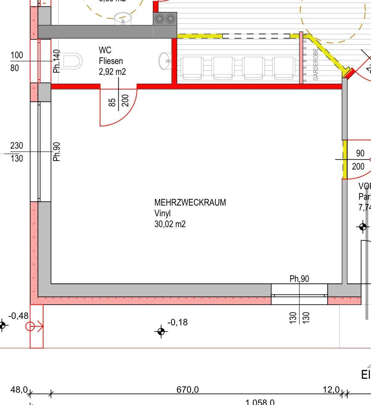 Grundriss zeigt einen Mehrzweckraum mit Vinylboden und ein separates WC.