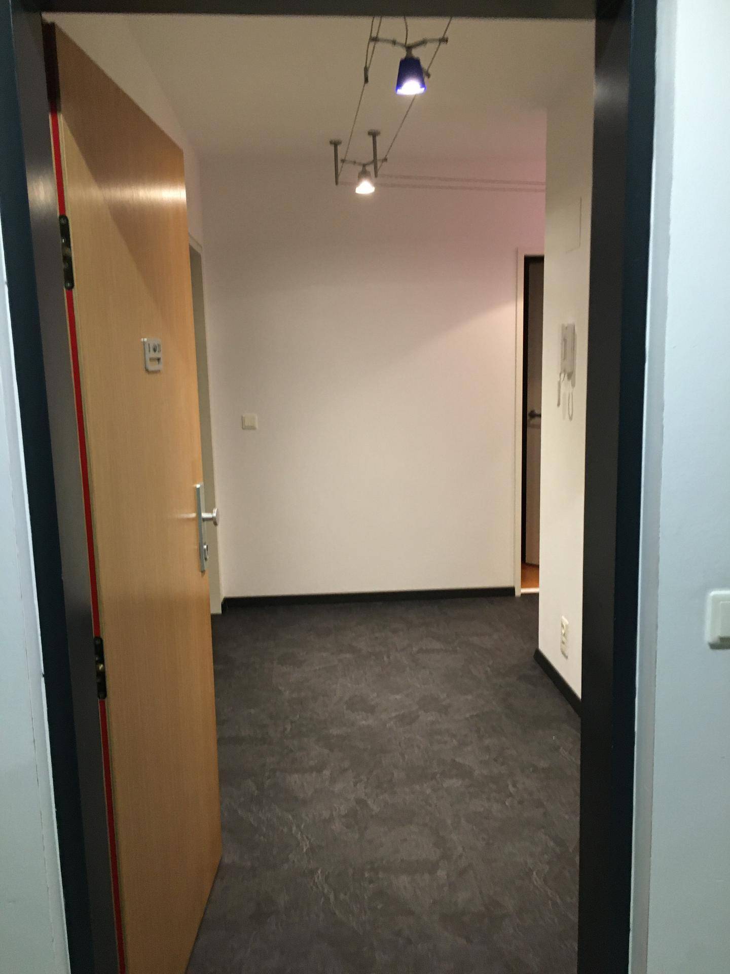 Eingangsbereich mit dunklem Boden, weiß gestrichenen Wänden und einer hellen Holztür.
