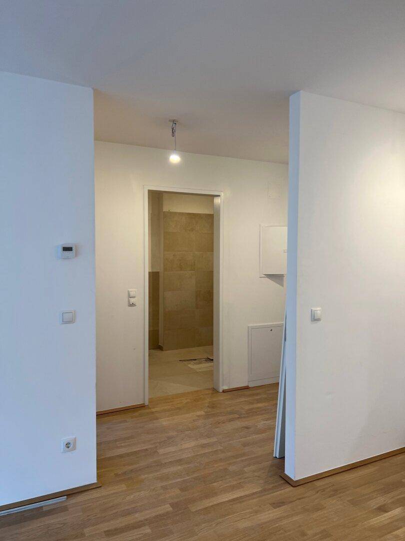 Heller Flurbereich mit Parkettboden und offenem Zugang zu einem gefliesten Badezimmer.